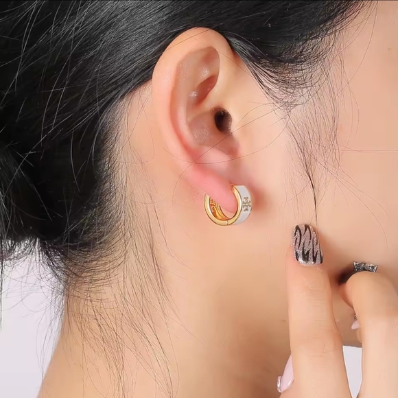 Gold and Cream Hoop Earrings - Picture 3 of 5